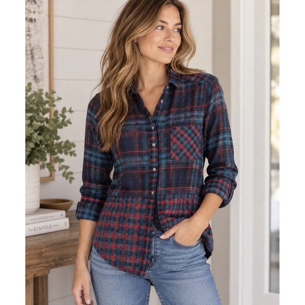 Abercrombie & Fitch Womens S Mixed Plaid Flannel Shirt Blue Red Patchwork Y2K